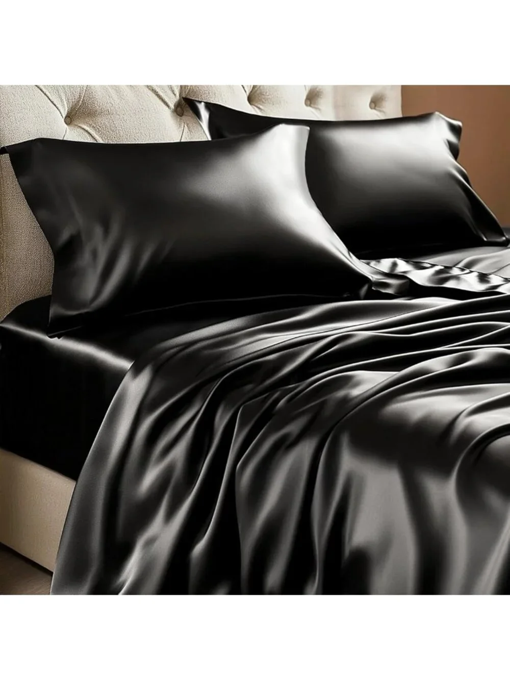 Luxury Black Satin King Size Sheet Set - Soft, Silky, Deep Pocket, 4 Pieces